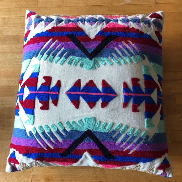 Colorful Rug Pillow Pillowcase 16x16 Ethnic Boho Blue Purple Cream Burgundy - Picture 1 of 7